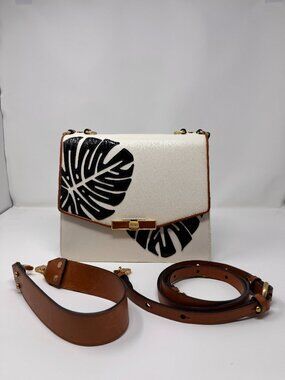 BRAHMIN Mod Mariner Monstera Leaf Ivory Black Leather Satchel Crossbody 10"